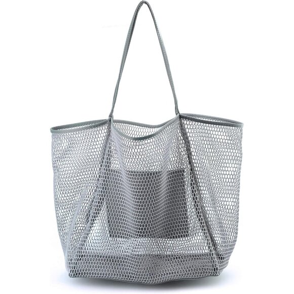 Women's Grey Mesh Beach Nylon & Polyester No-closure Tote Shoulder Handbag - Picture 1 of 6